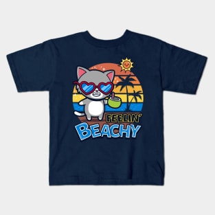 Cute Retro Vintage Cat Chilling On A Beach Funny Punny Meme Kids T-Shirt